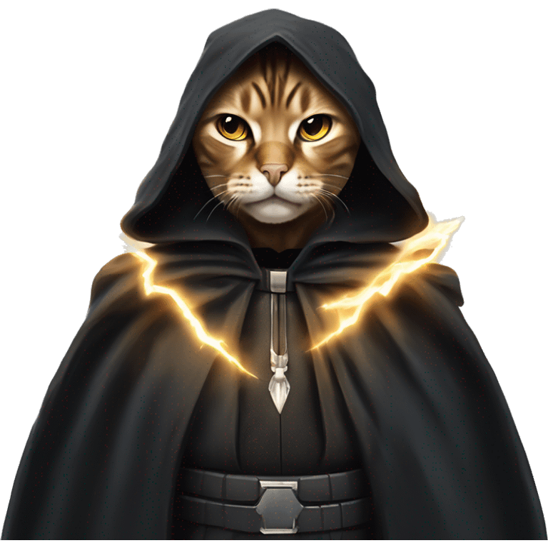 Bengal cat styled like Emperor Palpatine in the 'unlimited power' scene. a menacing expression, dark cloak, and lightning bolts coming out of its paws. intense eyes and powerful gestures emoji