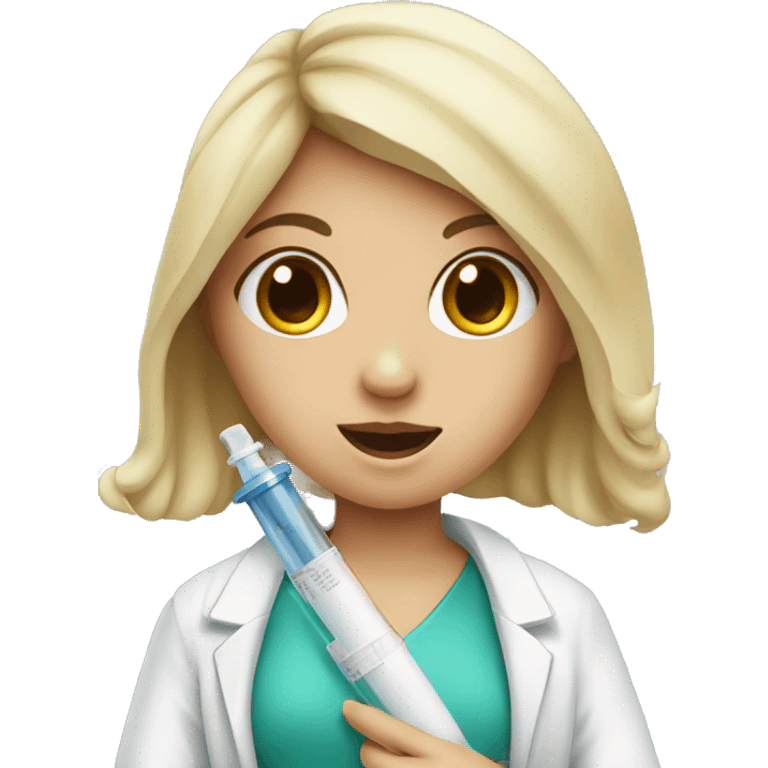 a girl in a medical gown with a syringe emoji