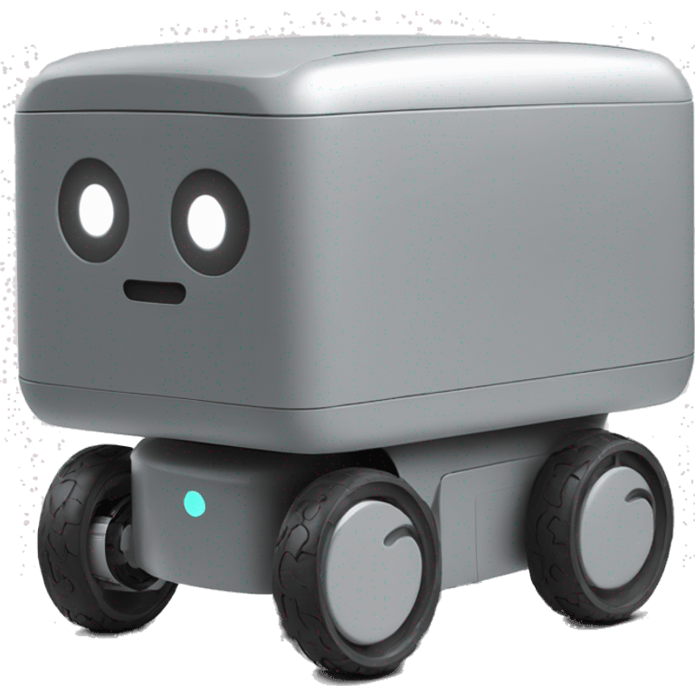 solid horizontal rectangle gray delivery robot with white circle white led eyes and opening lid on 4 wheels, minimalistic design emoji