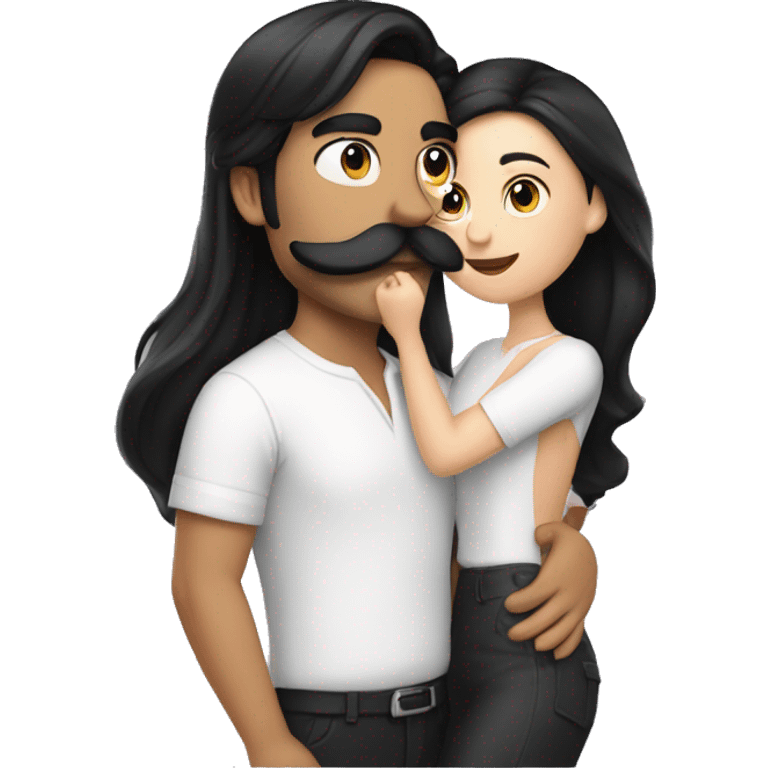 Guy with mustache kissing girl in black hair emoji