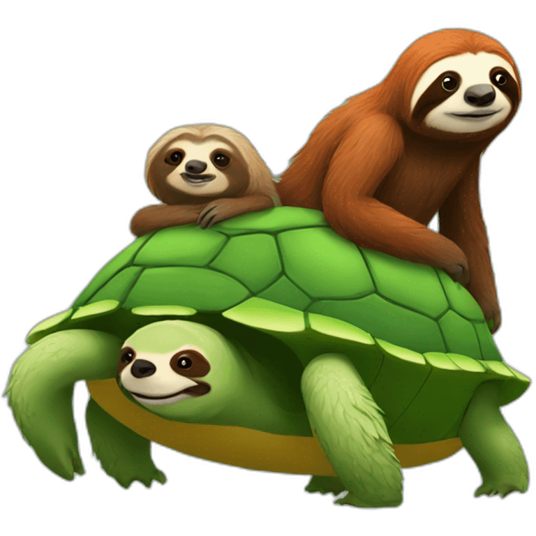 red haired sloth sitting on a green turtle who is walking  emoji