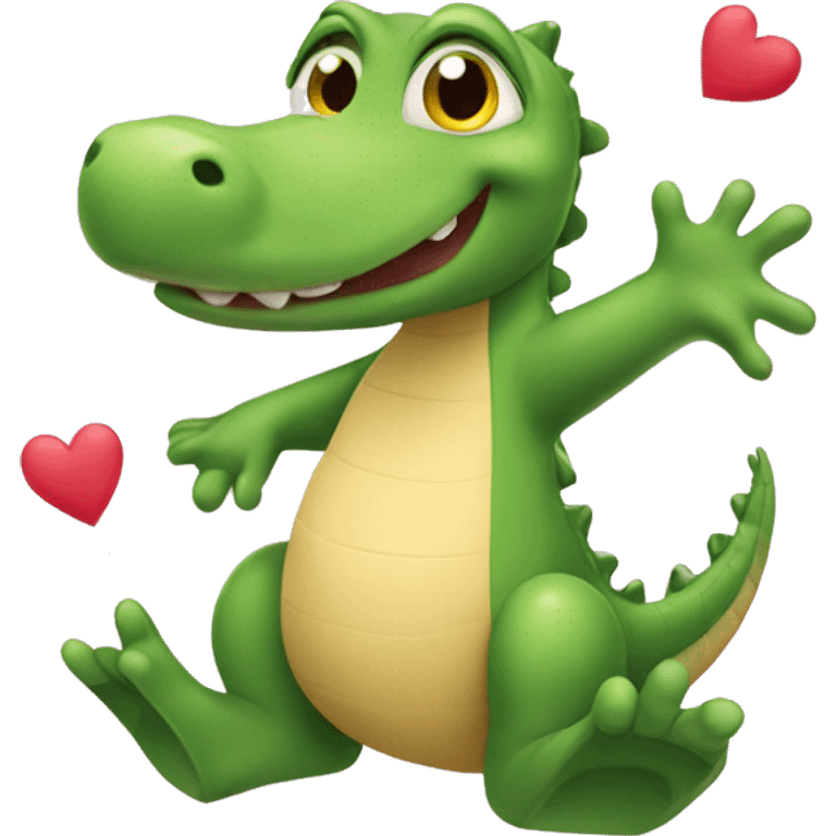 Tiny little Alligator waving goodbye surrounded by hearts emoji