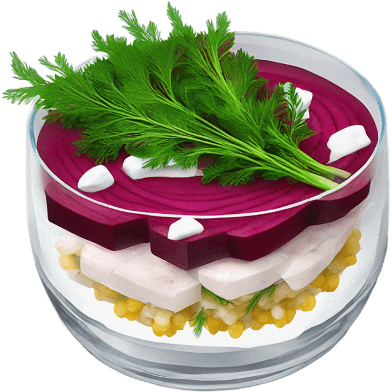 Shuba russian Layered Beet dish  with Herring and mayonnaise in Crystal bowl, dill on top  emoji