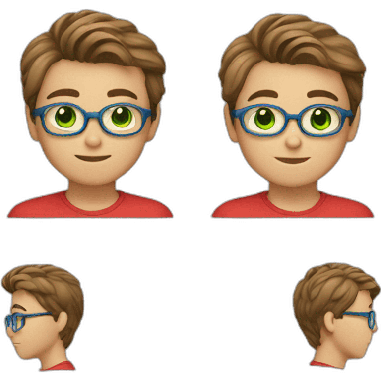 A boy of 11 years with brown hairs with green eyes with blue eyeglasses with a red shirt emoji