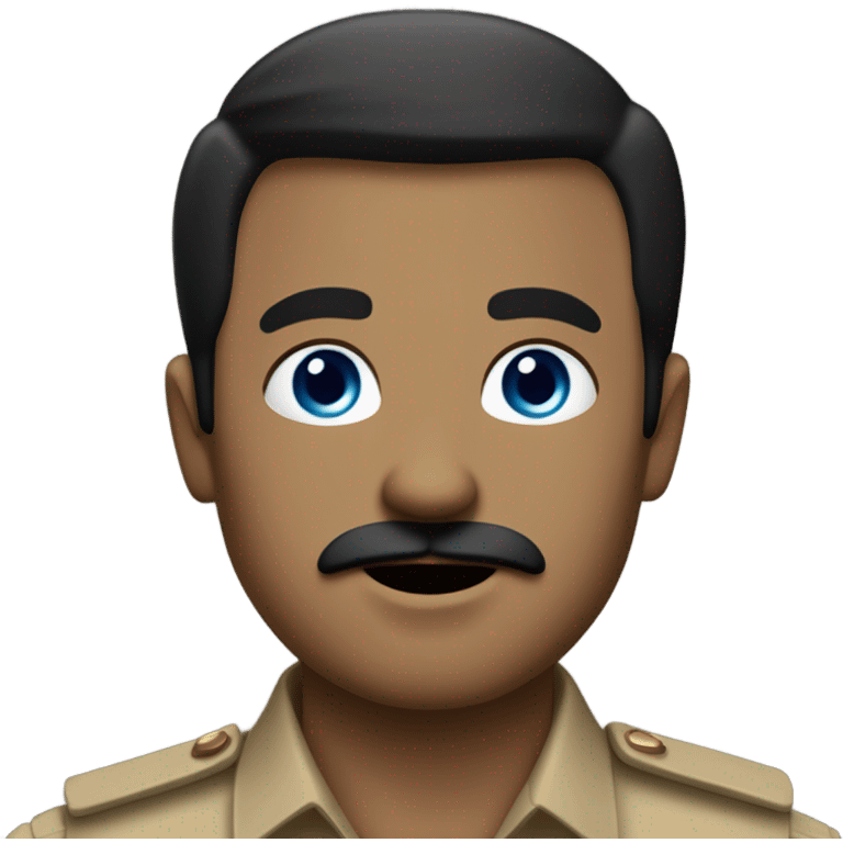 A man with black hair combed left, sharp blue eyes, and a pale, angular face. He has a small mustache with both sides cut, pointed nose, and wears a light brown military shirt with a red armband, and shows his waist emoji