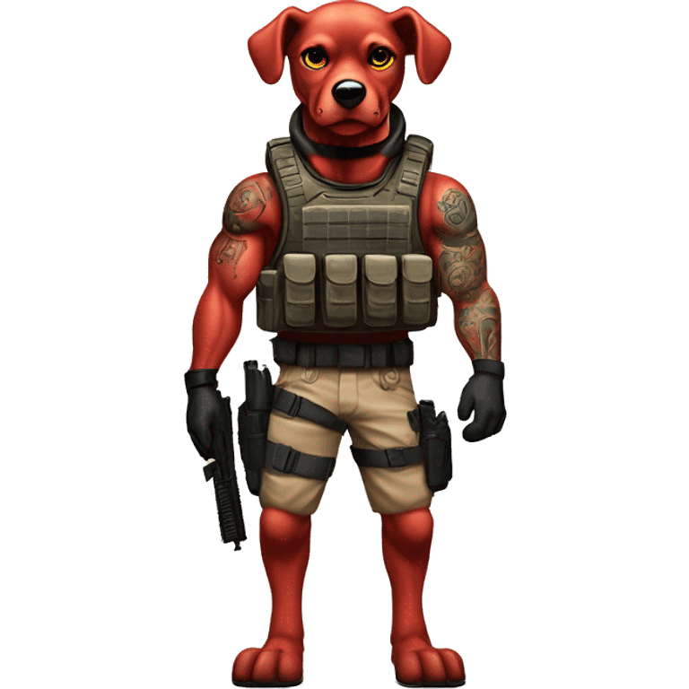 Black ops 6 Desert storm humanoid Clifford the red dog muscled with tattoos on arms book illustration as a military call of duty character standing alone with submachine  emoji