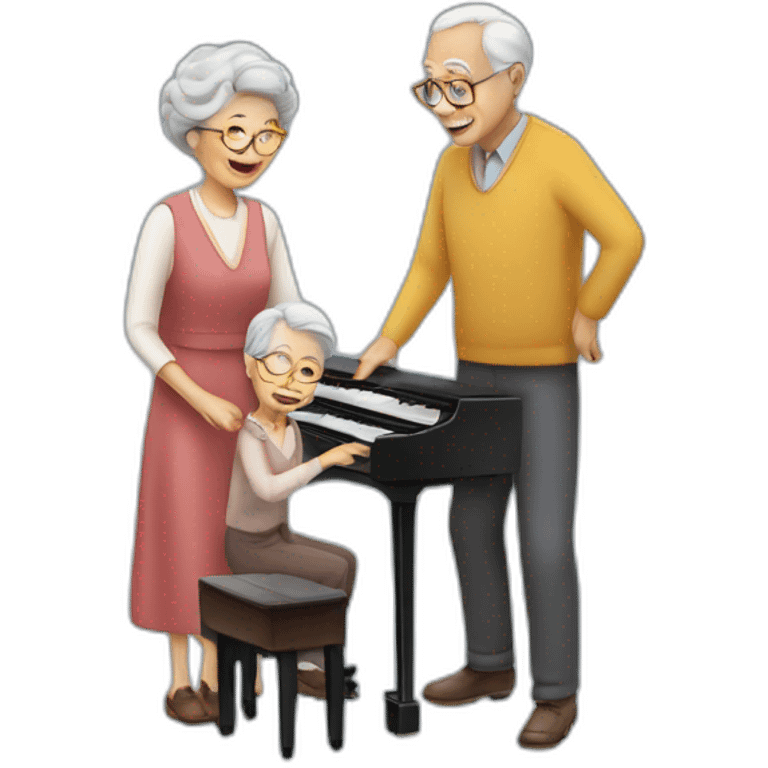 grandfather standing on a piano and a grandmother playing the piano emoji