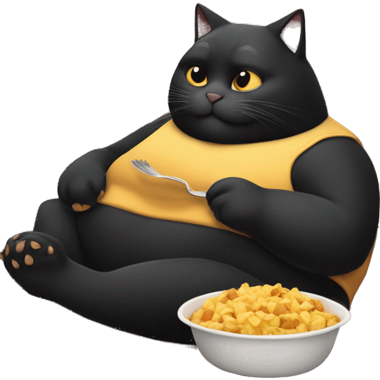 fat black cat sitting on a couch eating food emoji