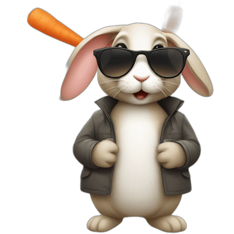 Rabbit with sunglasses and wearing a coat with carrot in his mouth emoji