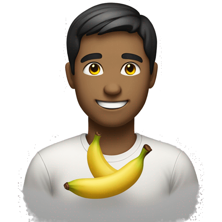 Handsome young man smiling emoji. Closed eyes, slightly blushing cheeks. Short black hair. Big smile. Wearing a t-shirt with a banana on it. Playful expression with a slight touch of defiance emoji