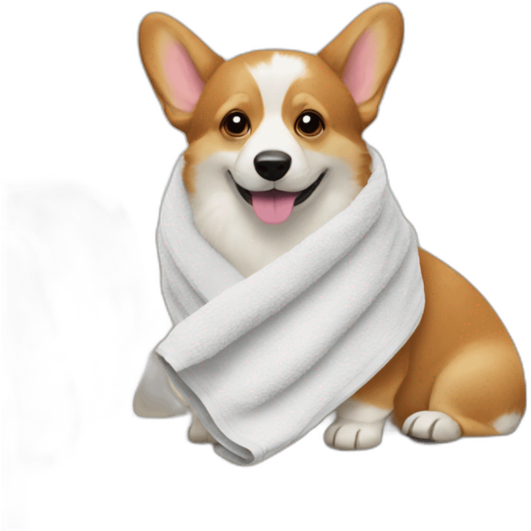 Corgi on the couch with the towel on the head emoji