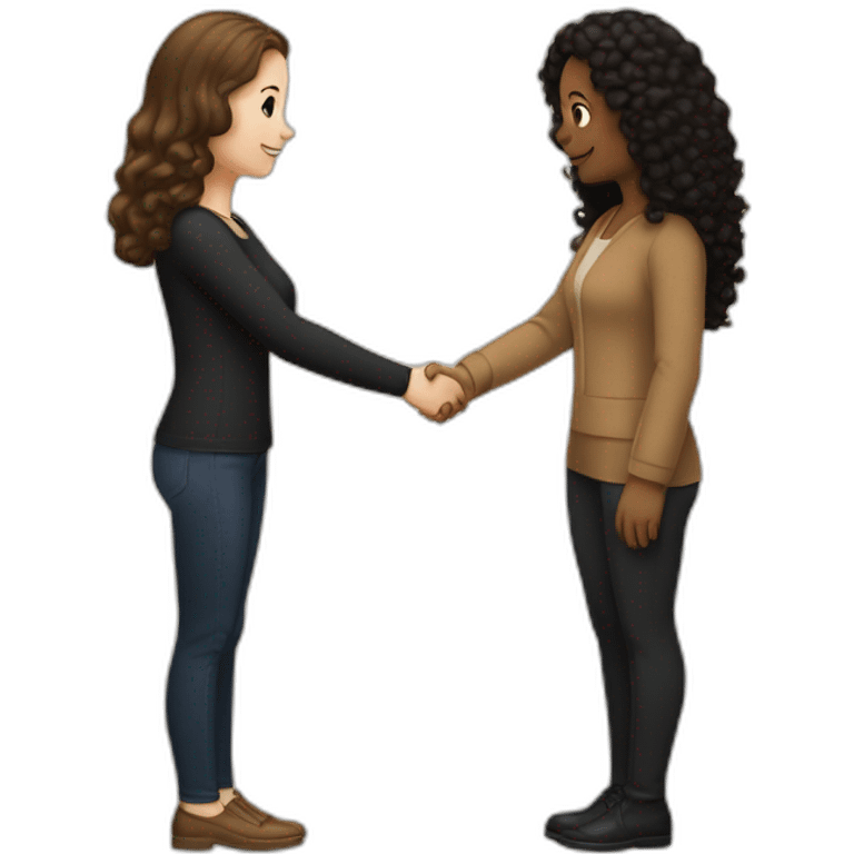 mid-sized pale woman with straight brown hair shakes hands with a tan mid-sized woman with black curly hair emoji