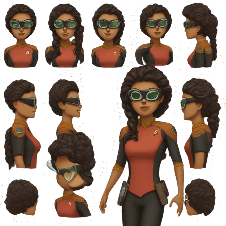 Teniente rosas. De Star Trek. Guapa, de pelo negro y rizado. Piel canela. Lentes emoji