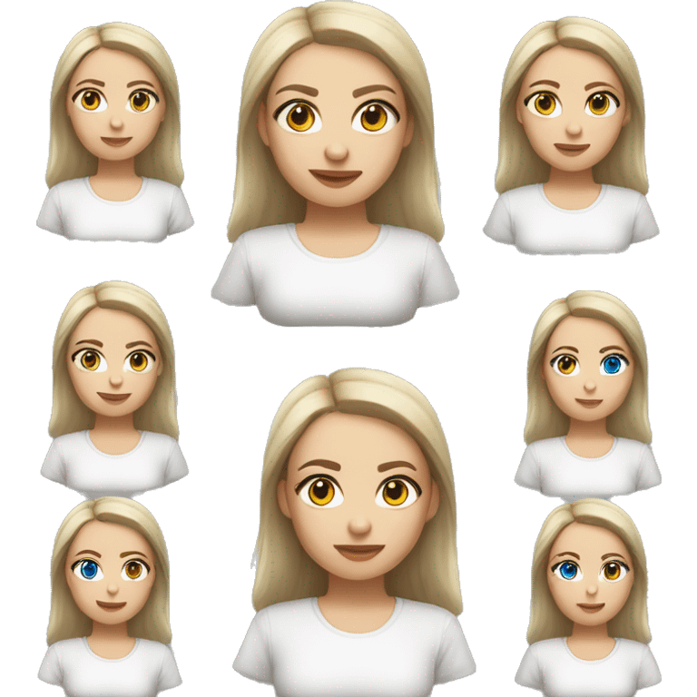 An adult Slavic girl with blue eyes, fair skin, straight streaked hair of medium length, makeup on her eyes, dressed in a white T-shirt and a black jacket. emoji