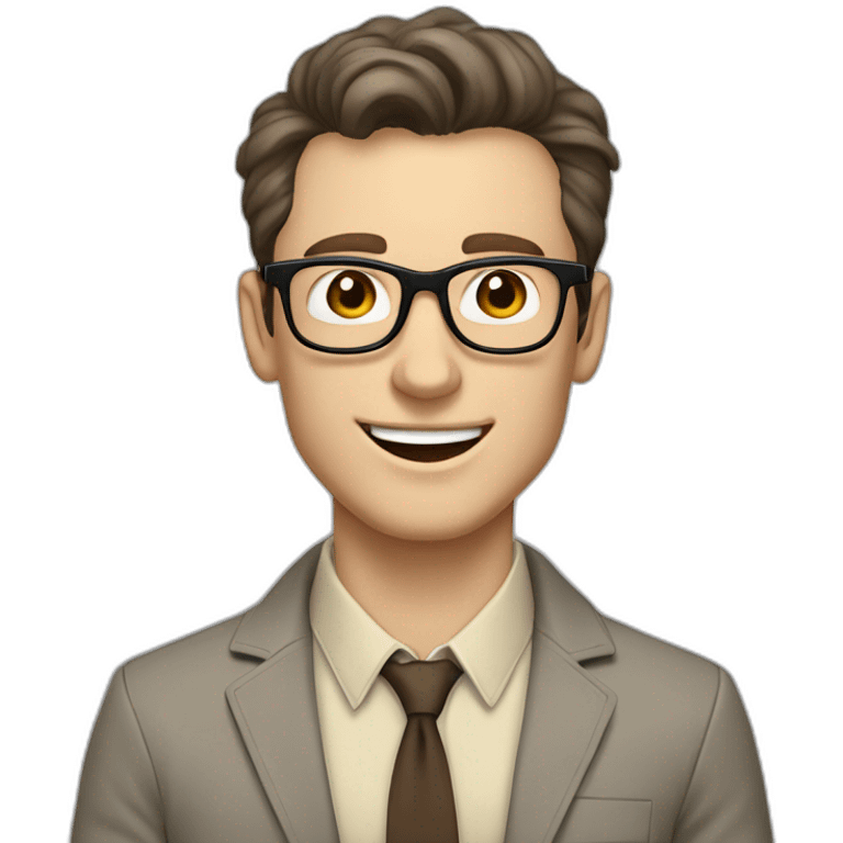 Joyful Pale skinned Fit Man With dark brown hair in gray jacket, beige office shirt, Brown pants and vintage glasses. His thrumbs up emoji