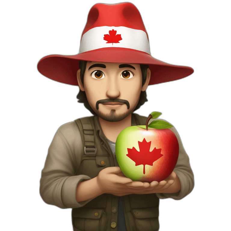 Justin Trudo with Canadian flag big hat, keep in one hand an apple which hi is bite, and in another hand he keep analog vera lofe emoji