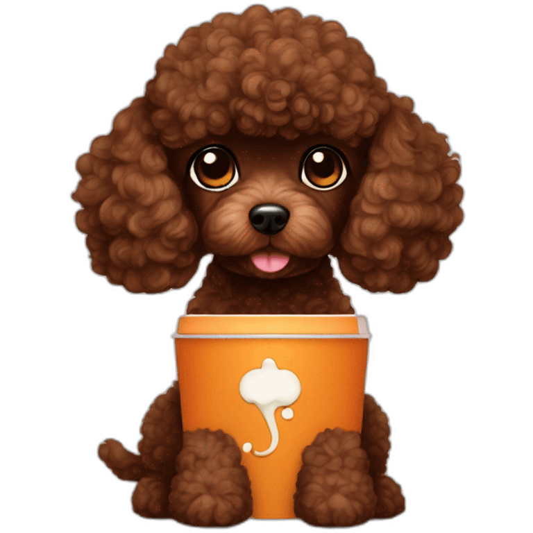 Dark brown toy poodle drnking pumpkin latte emoji