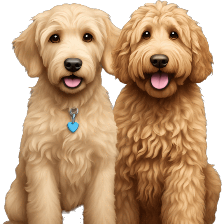 skinny golden labradoodle and big labradoodle playing emoji