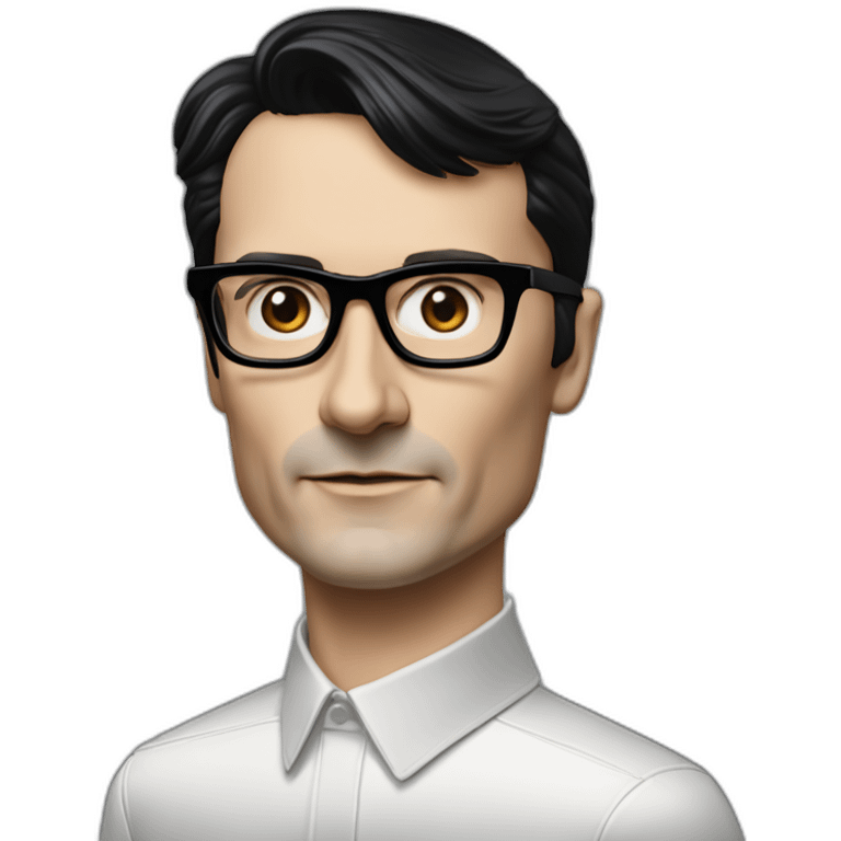 small photo realistic Ralf Hutter from Kraftwerk, short straight black hair, Dark Brown eyes, black glasses, thin, black shirt, beside Tesla emoji