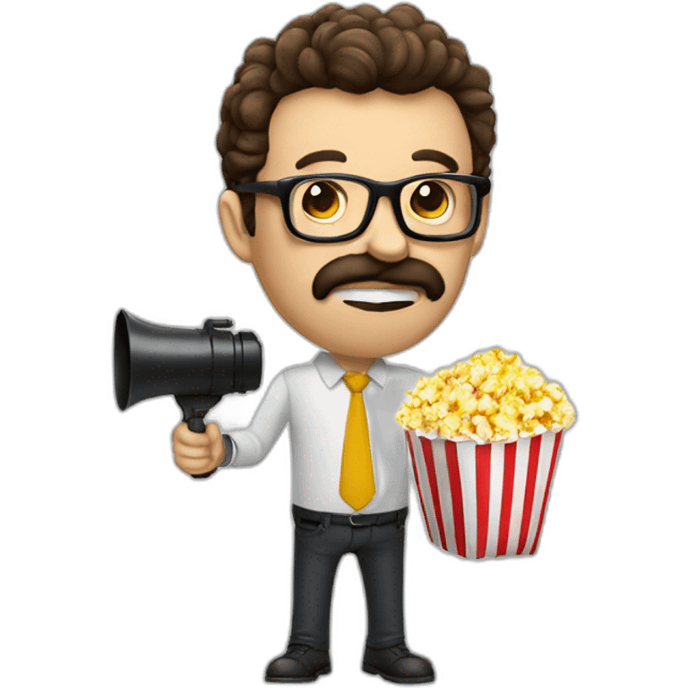 The director eats Popcorn and holds a megaphone, funny glasses emoji