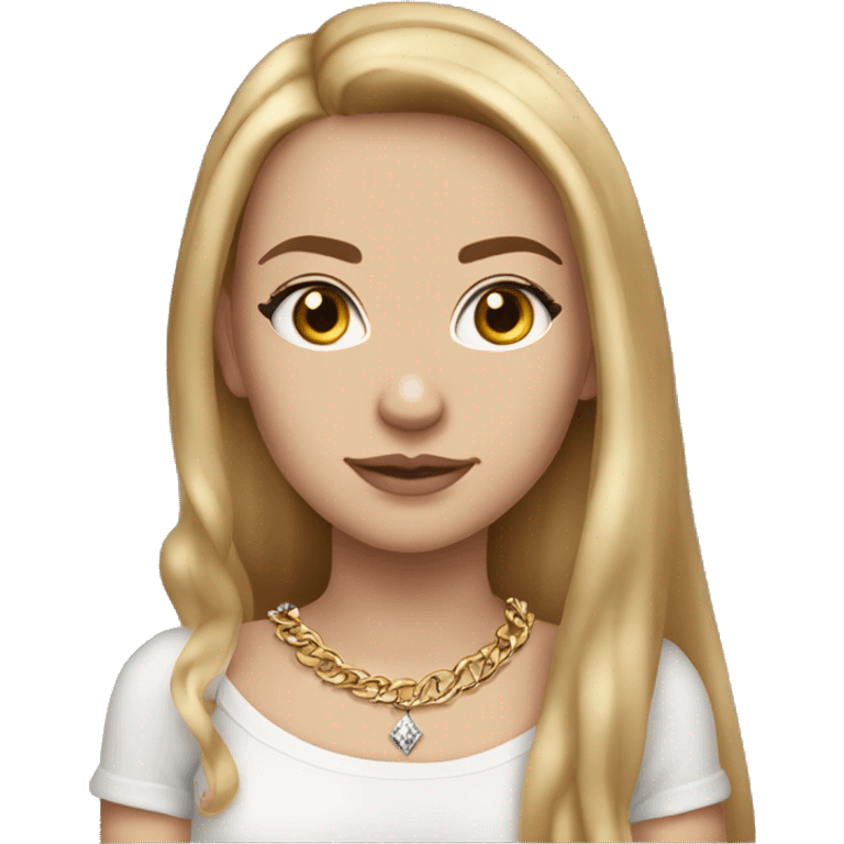 Caucasian European girl with light complexion and features . long burgundy hair, long eyelashes and has tattoos. She is wearing a crop top shirt and gold chain necklace and diamond earrings  emoji