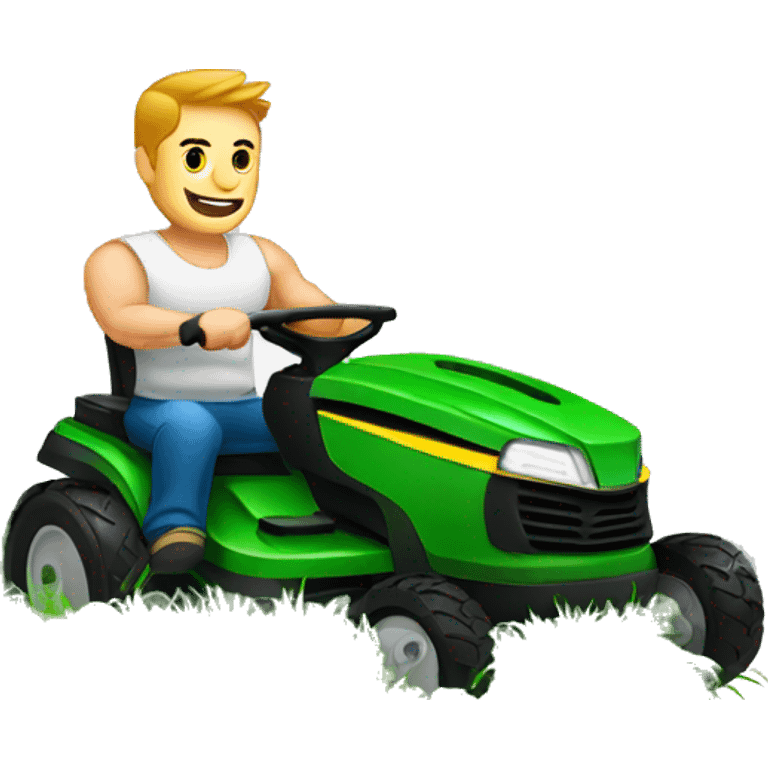 A muscular white man with tattoos cutting grass with a lawn mower emoji