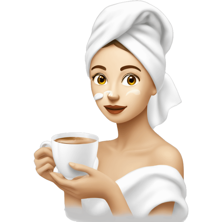 Russian girl with a towel on her head,  sheet moisturizing mask on the face and a cup of coffee in hand emoji