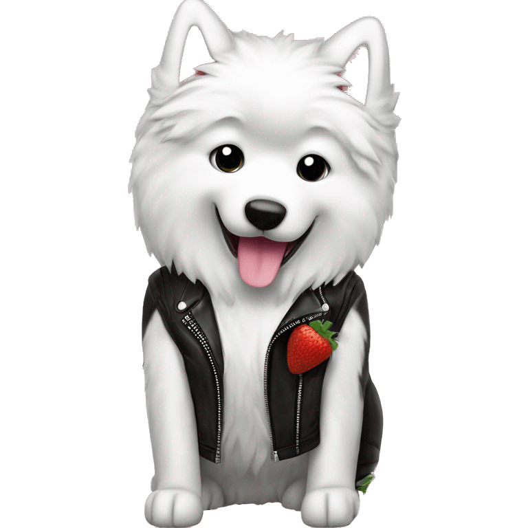 Samoyed dog eating vanila strawberry ice cream flavored wearing black leather jacket  emoji