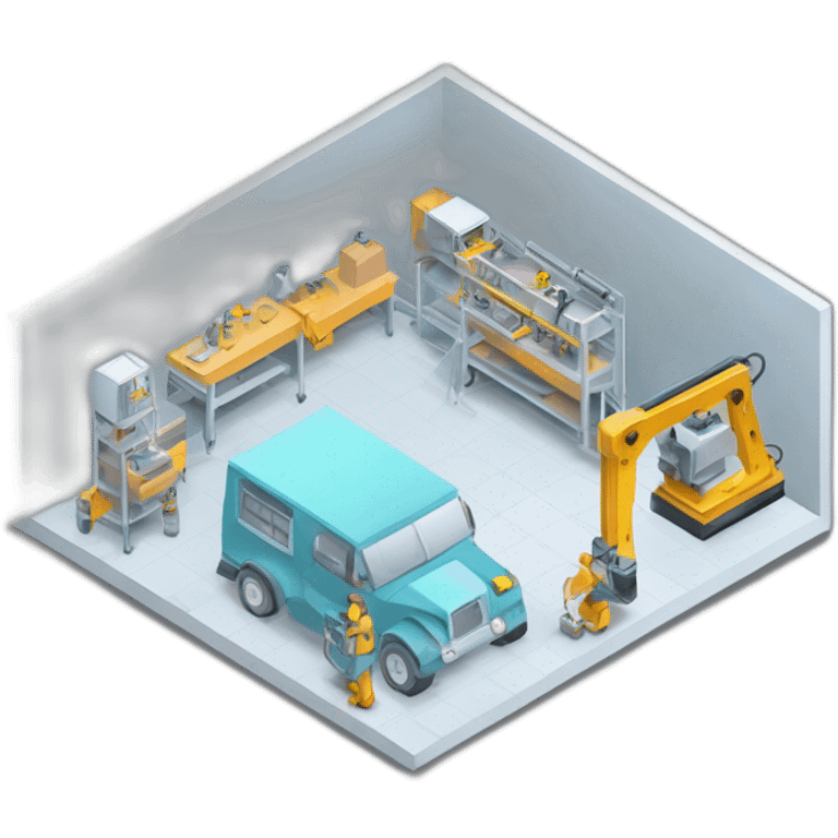 isometric square transparent solid outline border containing indoor creative workshop handmade factory people actively working cnc machine tools vacuum simple clean industrial emoji