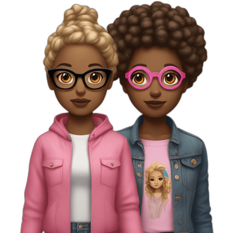 A young black-skinned woman with natural African hair dressed in classic clothes and a young girl with white skin wearing big pink glasses and streetwear clothes who are both holding hands emoji