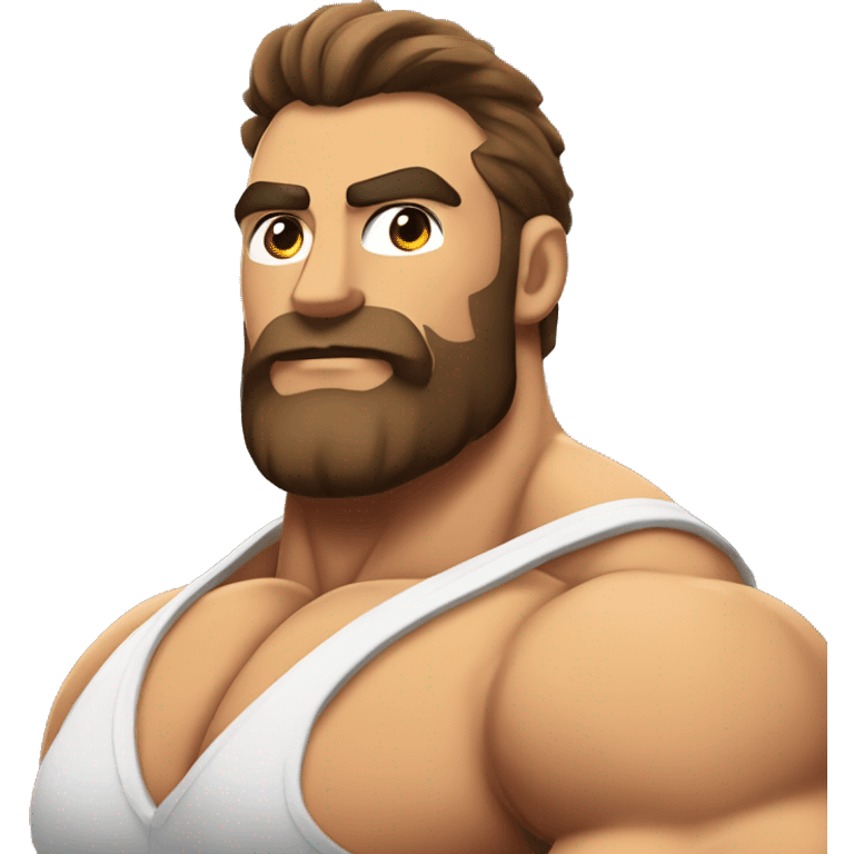 muscled hairy bodybuilder brown hair beard,enormous pecs and enormous biceps emoji