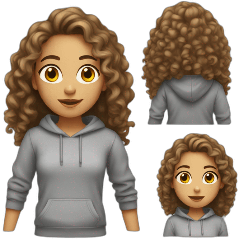 Girl with long brown curly hair and grey sweat-shirt  emoji