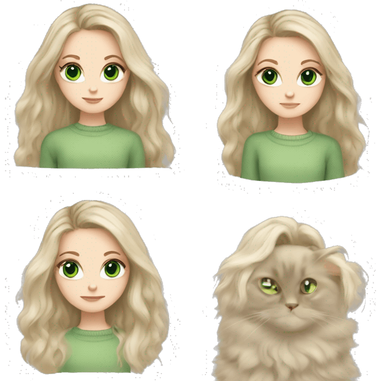 Blonde balayage long hair, beige sweater, Green Eyes long lashes, ragdoll cat grey in arms  emoji