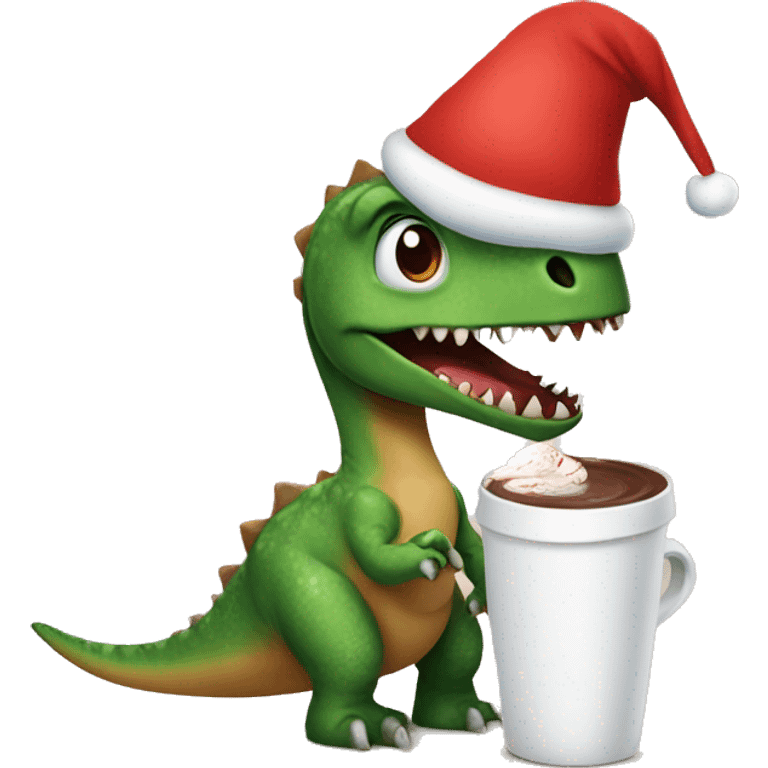 Dinosaur with a Christmas hat holding a hot chocolate  emoji