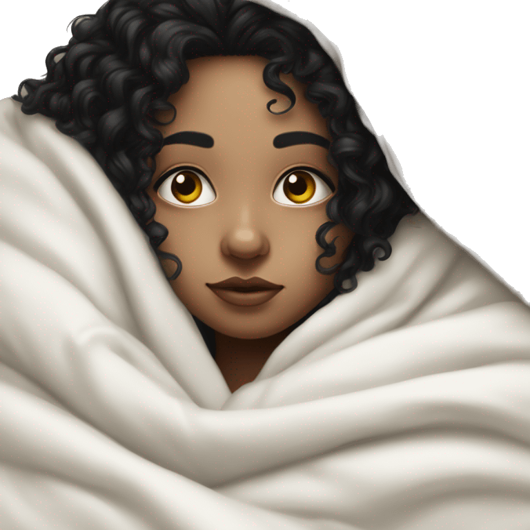 Pale girl with black hair curly laying down cozy in a white blanket  emoji