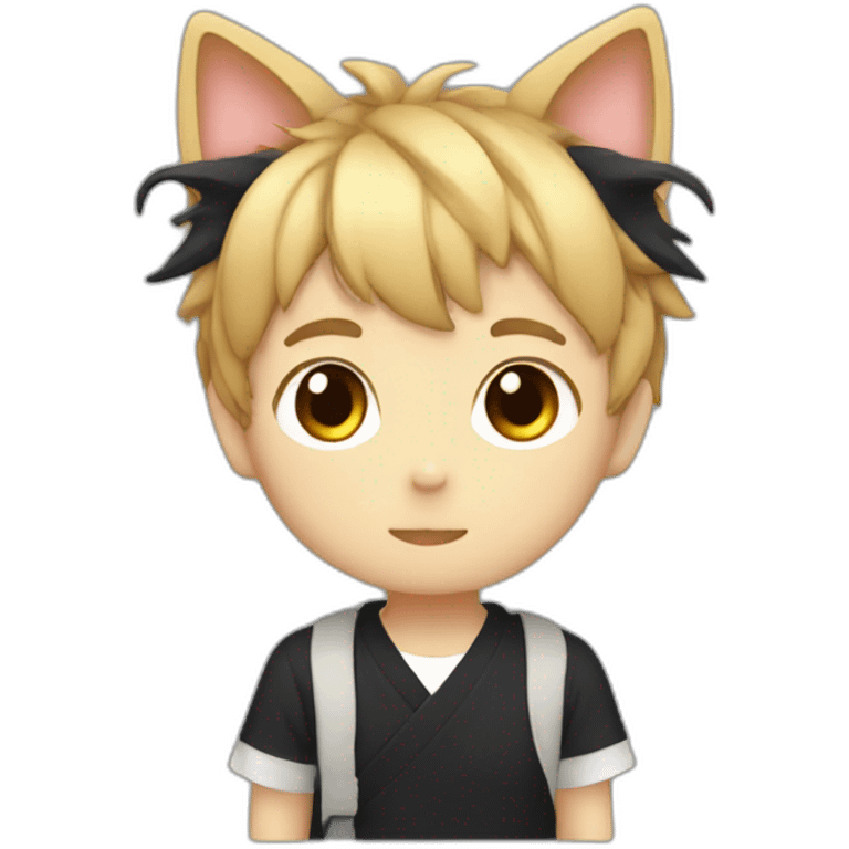 Japanese boy, with black cat ears and a cute hair style in black emoji