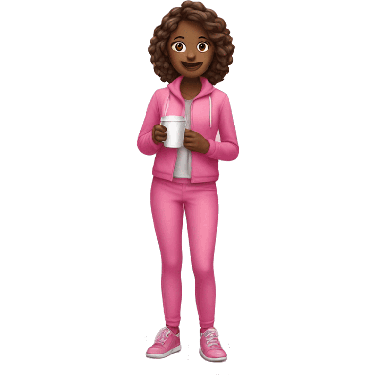 full-length girl in pink outfit with coffee in hands emoji