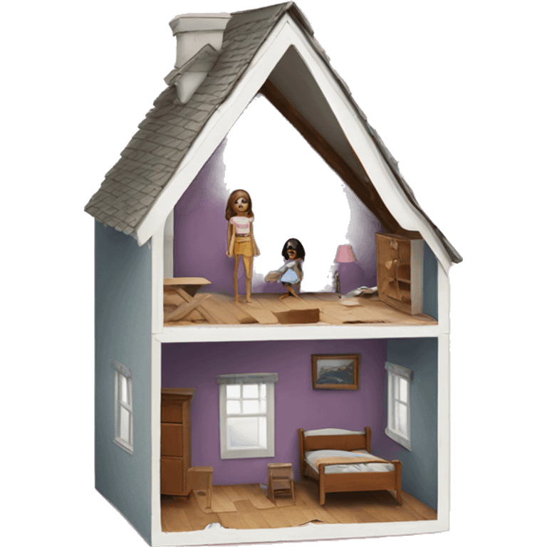 A broken-down dollhouse with a doll sitting inside, lifeless and blank-eyed emoji