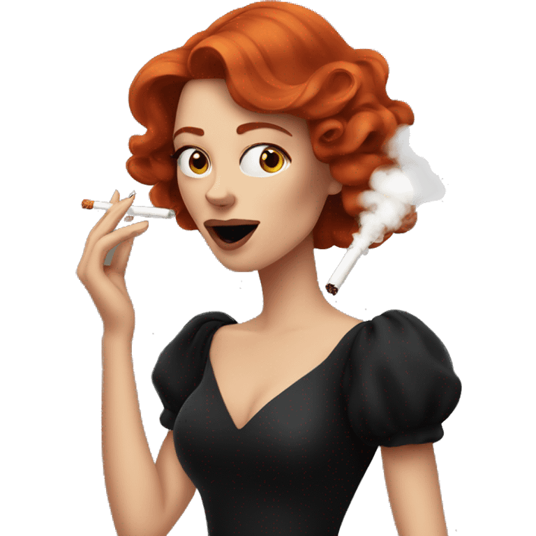 An elegant red-haired girl dressed in a black dress and smoking a cigarette. Smoke is coming out of her mouth emoji