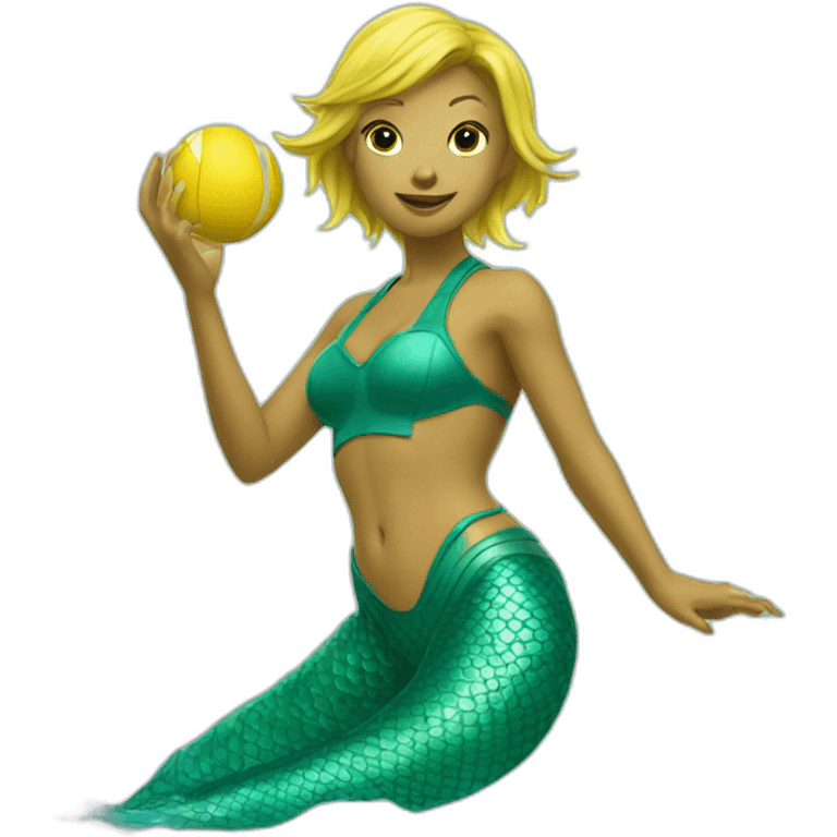 Underwater mermaid swimming and fighting kungfu, snorkel equipement, holding a small yellow ball, winning enthousiasm emoji