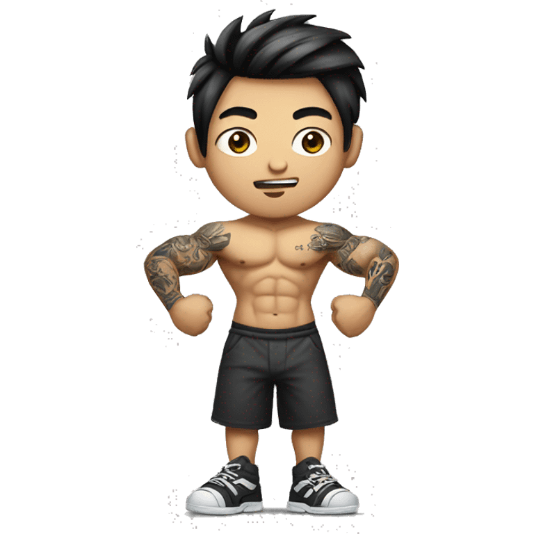 bad boy asian. tattoos. muscles. holding weights. realistic, full body with legs. making the 'rizz' face  emoji