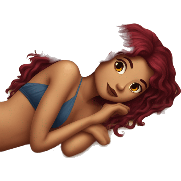 Beautiful tattooed burgundy long haired woman laying on the beach emoji