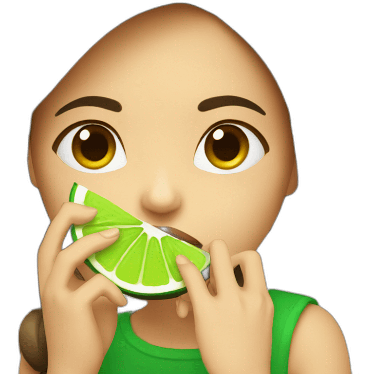 girl with brown hair and green lips eating a lime emoji