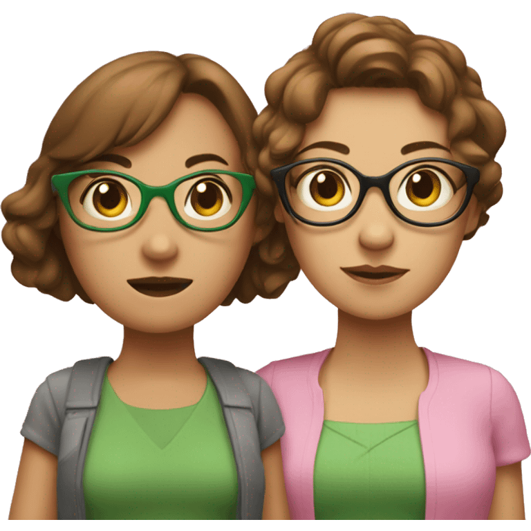 two women with short brown hair, holding hands, one woman is wearing glasses and wearing green, the other woman is wearing pink emoji