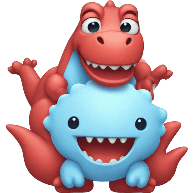 A smiling pastel blue cloud holding hands with a red dinosaur emoji