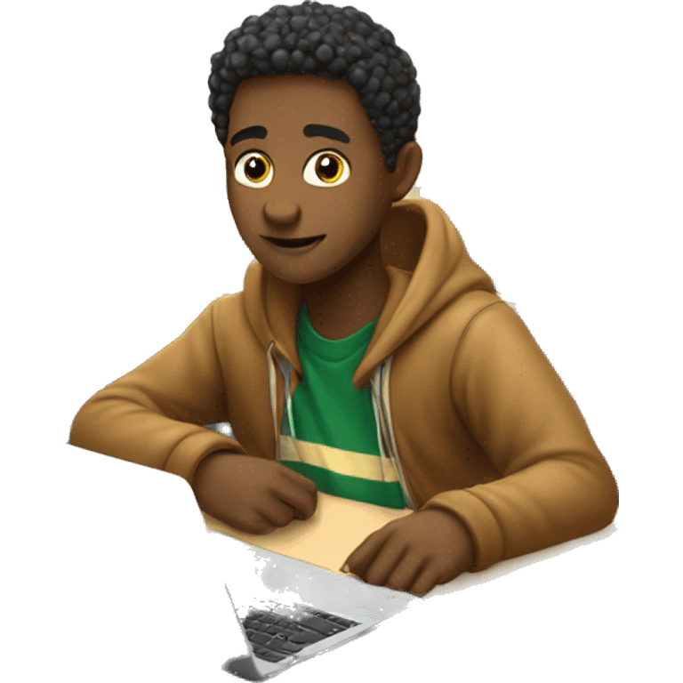 male student sitting at a school desk, a Chromebook with blanket wrapped around shoulders emoji