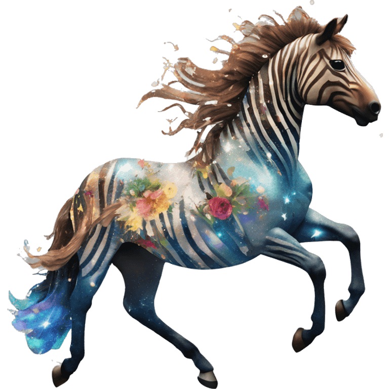 Ethereal zebra newspaper cutting flowers graffiti magazine collage glittering iridescent rich chestnut brown blue mane horse galloping through constellations and nebulas, unicorn Pegasus emoji