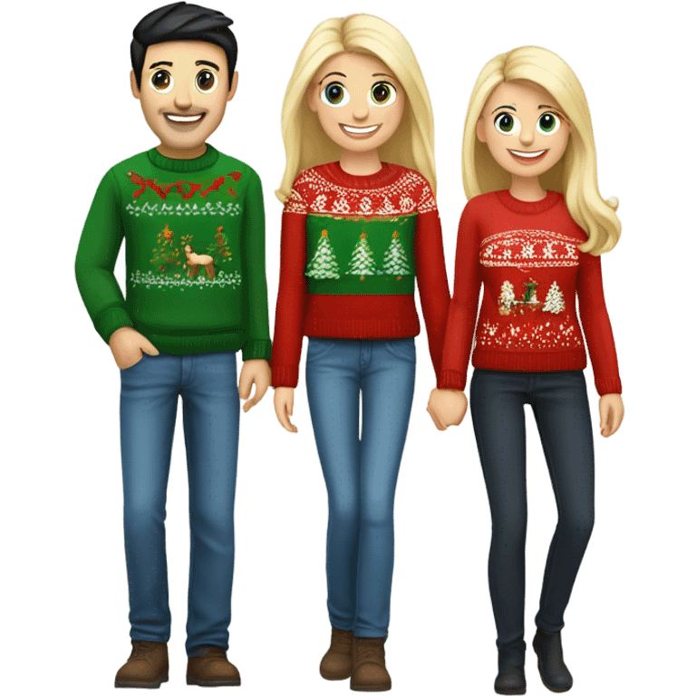 Happy white couple wearing Christmas jumper and blue jeans, man with black hair, woman blonde long emoji