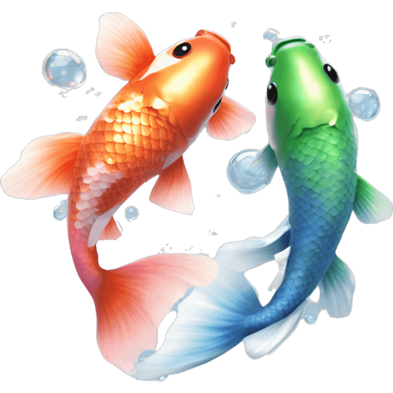  Two realistic koi fish, one green & blue, the other pink & white, swimming into each other, ying yang, Pisces fish, cloudy, water, dreamy, bubbles, iridescent emoji