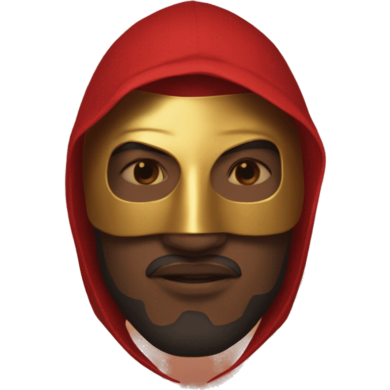 Man with red hooded robe and golden mask emoji